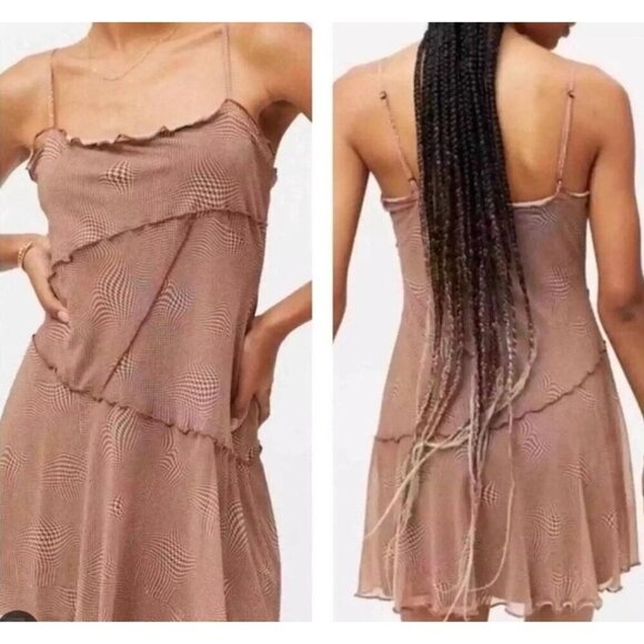 Urban Outfitters Moxie Mesh Mini Slip Dress Brown Size L Lined Casual Travel - Picture 3 of 12